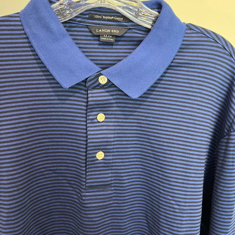 Lands’ End Blue Striped Men's Long Sleeve Polo Shirt Preppy Business Casual